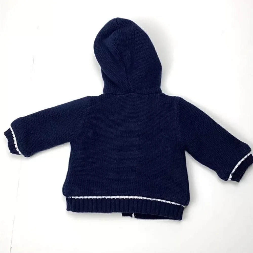 NWT BEANSTORK Baby HOODED CARDIGAN Jacket Blue White Knitted Fax Fur Lining 3M